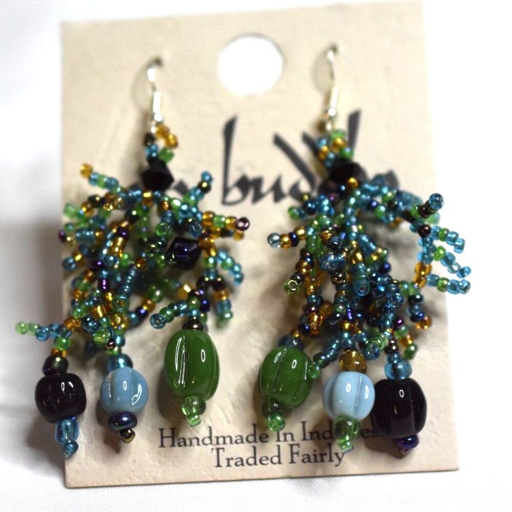 NWT City Buddha Multi Color Seed Beads Cluster/Vine Dangle Drop Hook Earrings